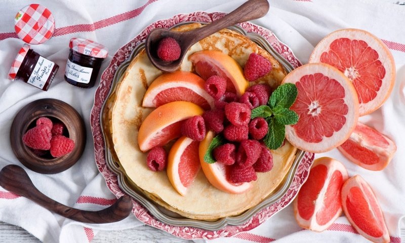 Обои малина, джем, завтрак, блинчики, блины, грейпфрут, raspberry, jam, breakfast, pancakes, grapefruit разрешение 1920x1080 Загрузить