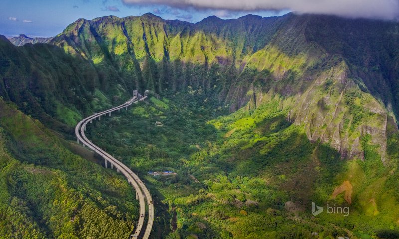 Обои дорога, горы, природа, пейзаж, ущелье, шоссе, гавайи, bing, остров оаху, the island of oahu, road, mountains, nature, landscape, gorge, highway, hawaii разрешение 1920x1200 Загрузить