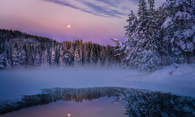 Обои вечер, озеро, природа, лес, зима, луна, the evening, lake, nature, forest, winter, the moon разрешение 1920x1200 Загрузить