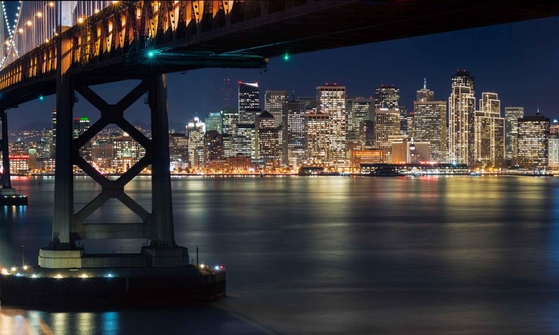 Обои ночь, мост, город, залив, сша, сан-франциско, калифорния, night, bridge, the city, bay, usa, san francisco, ca разрешение 3440x1440 Загрузить