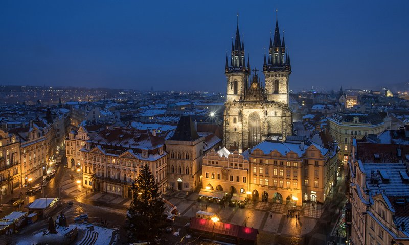 Обои ночь, город, церковь, сумерки, прага, чехия, тынский храм, night, the city, church, twilight, prague, czech republic, tyn church разрешение 1920x1080 Загрузить