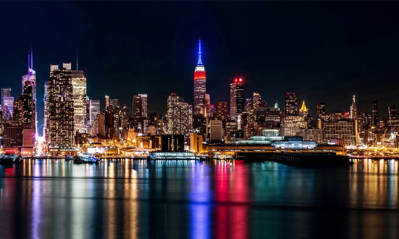 Обои ночь, огни, город, небоскребы, сша, нью-йорк, манхэттен, night, lights, the city, skyscrapers, usa, new york, manhattan разрешение 5822x3400 Загрузить