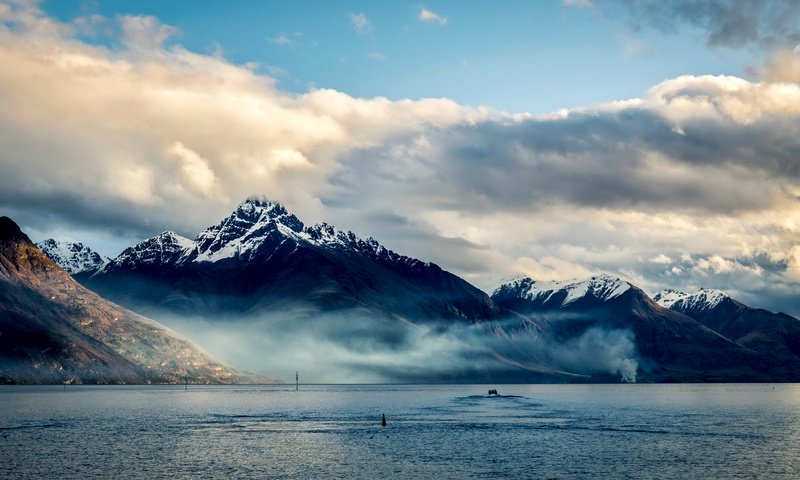 Обои небо, облака, горы, море, новая зеландия, the sky, clouds, mountains, sea, new zealand разрешение 2700x1800 Загрузить