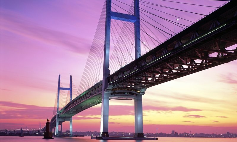 Обои небо, природа, закат, горизонт, мост, япония, йокогама, the sky, nature, sunset, horizon, bridge, japan, yokohama разрешение 1920x1200 Загрузить