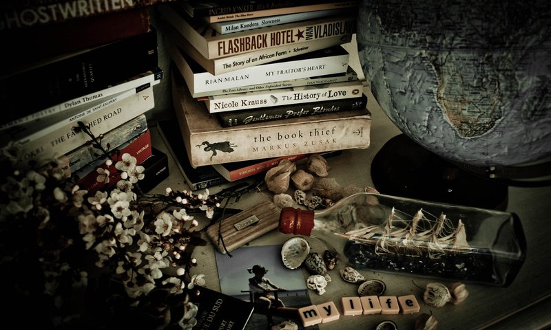 Обои цветы, винтаж, книги, глобус, кораблик, натюрморт, lauren rautenbach, flowers, vintage, books, globe, boat, still life разрешение 1920x1200 Загрузить