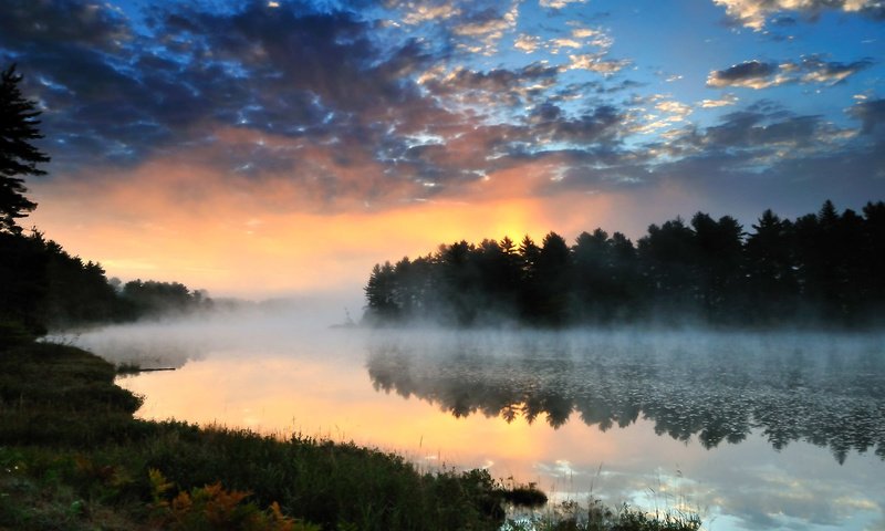 Обои облака, деревья, река, природа, лес, закат, пейзаж, туман, clouds, trees, river, nature, forest, sunset, landscape, fog разрешение 2560x1600 Загрузить