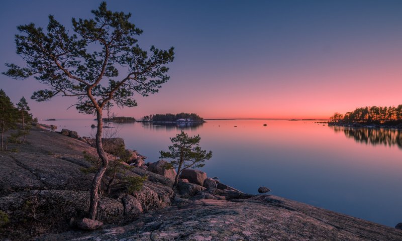 Обои деревья, камни, закат, остров, финляндия, финский залив, trees, stones, sunset, island, finland, gulf of finland разрешение 2048x1367 Загрузить