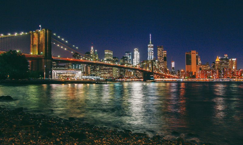 Обои ночь, нью-йорк, манхэттен, бруклинский мост, night, new york, manhattan, brooklyn bridge разрешение 1920x1200 Загрузить