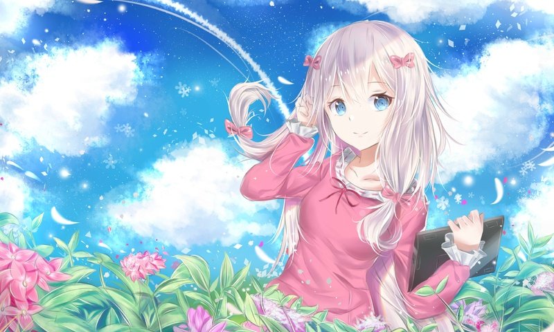 Обои цветы, девушка, фон, взгляд, аниме, сад, белые волосы, eromanga-sensei, sagiri, flowers, girl, background, look, anime, garden, white hair разрешение 4200x2700 Загрузить