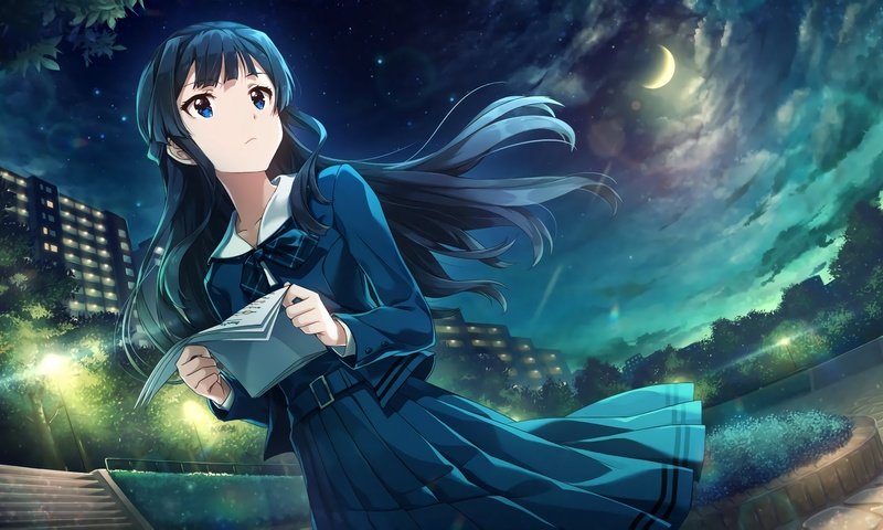 Обои облака, огни, парк, moon, школьная форма, mogami shizuka, the idolmaster, clouds, lights, park, school uniform разрешение 2048x1154 Загрузить