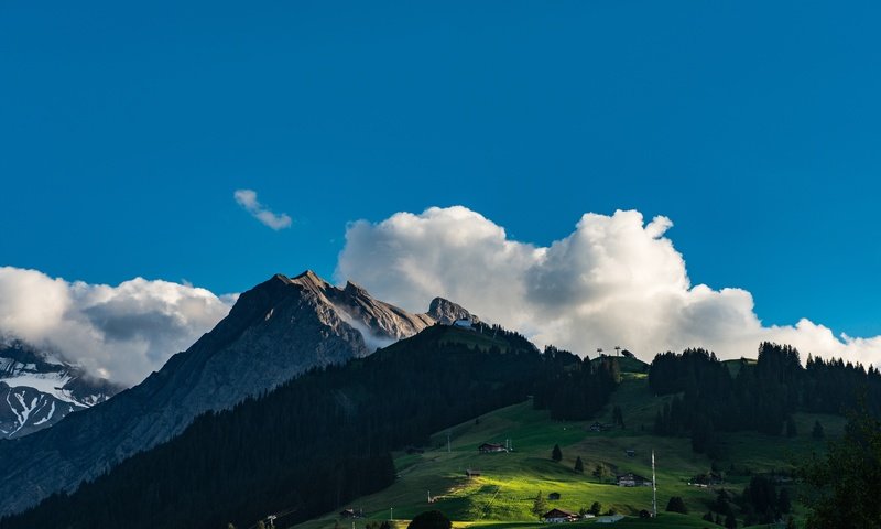 Обои небо, облака, деревья, горы, природа, пейзаж, швейцария, the sky, clouds, trees, mountains, nature, landscape, switzerland разрешение 4897x3268 Загрузить