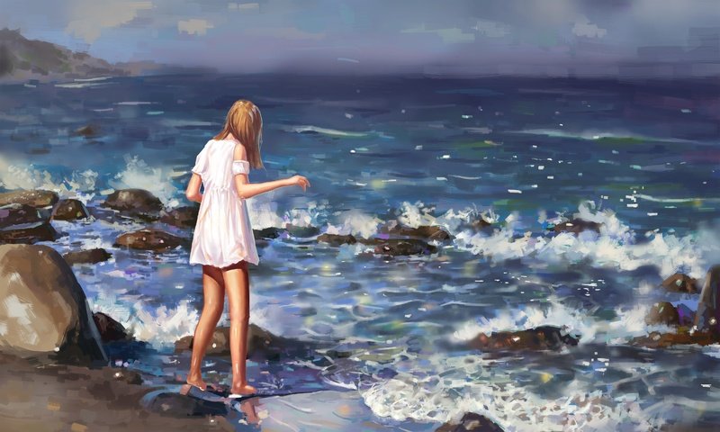 Обои камни, волны, девушка, море, платье, лето, живопись, stones, wave, girl, sea, dress, summer, painting разрешение 5000x3000 Загрузить