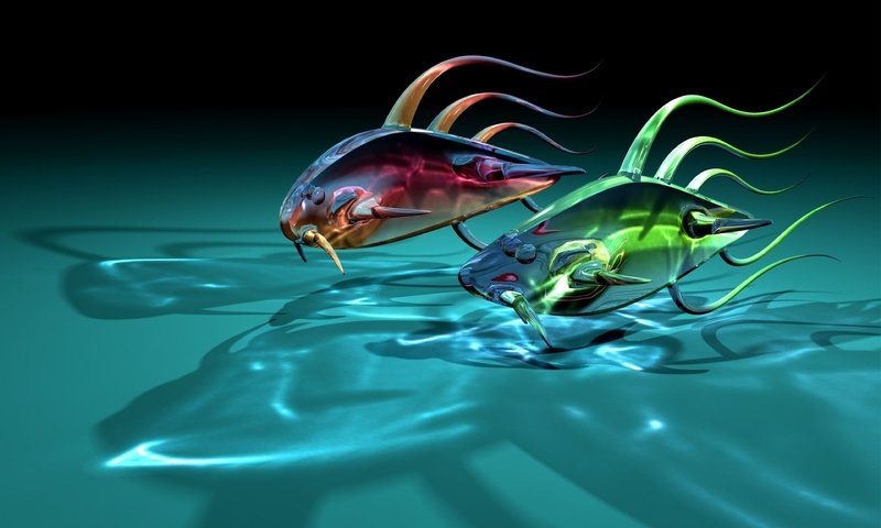 Обои отражение, рыбки, графика, стеклянные, две, 3д, прозрачные, орп, reflection, fish, graphics, glass, two, 3d, transparent, orp разрешение 3840x2400 Загрузить