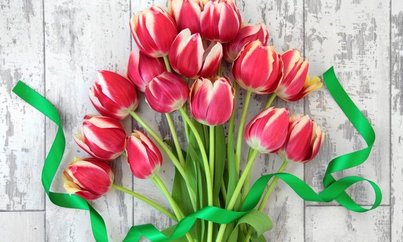 Обои цветы, букет, тюльпаны, лента, деревянная поверхность, flowers, bouquet, tulips, tape, wooden surface разрешение 6556x4370 Загрузить