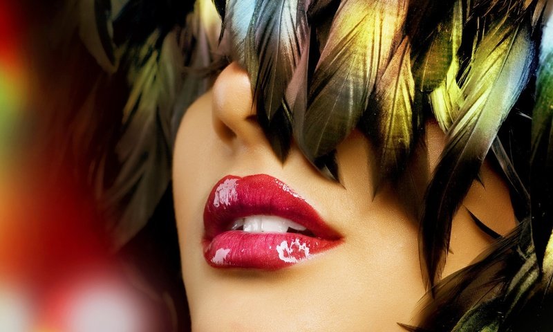 Обои девушка, губы, лицо, перья, помада, girl, lips, face, feathers, lipstick разрешение 1920x1080 Загрузить