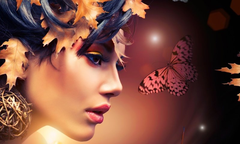 Обои абстракция, листья, девушка, бабочка, профиль, лицо, макияж, abstraction, leaves, girl, butterfly, profile, face, makeup разрешение 1920x1080 Загрузить