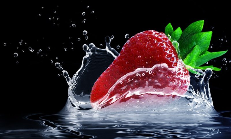 Обои вода, капли, клубника, брызги, черный фон, всплеск, water, drops, strawberry, squirt, black background, splash разрешение 2560x1440 Загрузить