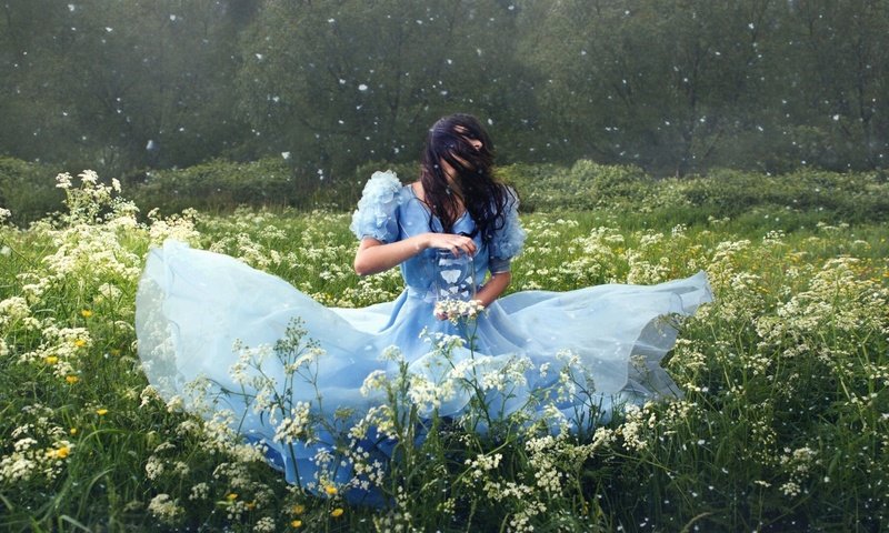 Обои цветы, девушка, настроение, платье, луг, волосы, flowers, girl, mood, dress, meadow, hair разрешение 1920x1080 Загрузить