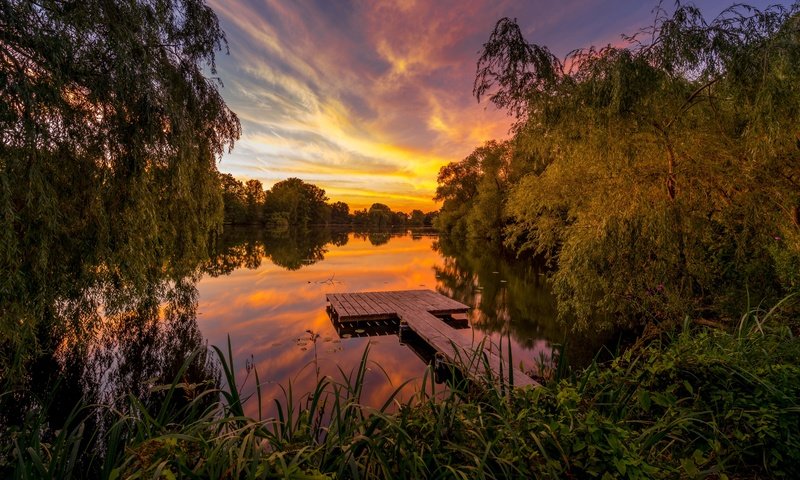 Обои деревья, озеро, закат, германия, мостки, trees, lake, sunset, germany, bridges разрешение 5038x3180 Загрузить