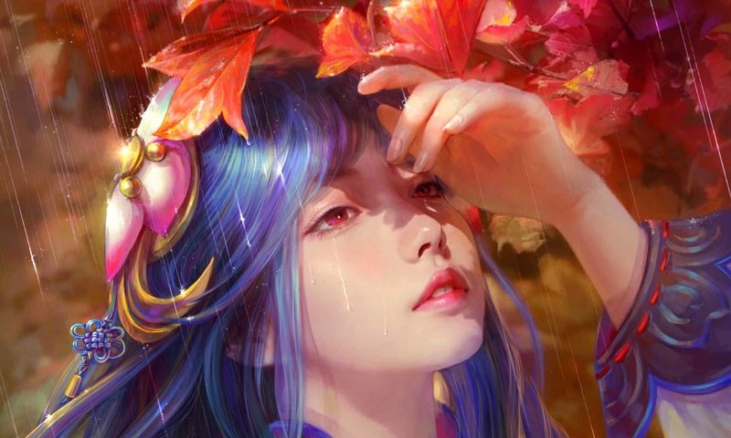Обои арт, cao yuwen, рука, листья, девушка, дождь, лицо, красные глаза, голубые волосы, art, hand, leaves, girl, rain, face, red eyes, blue hair разрешение 1920x1650 Загрузить