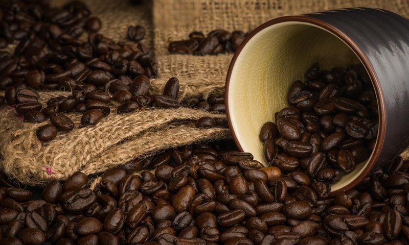 Обои зерна, кофе, чашка, кофейные зерна, аромат, мешковина, grain, coffee, cup, coffee beans, aroma, burlap разрешение 2048x1345 Загрузить