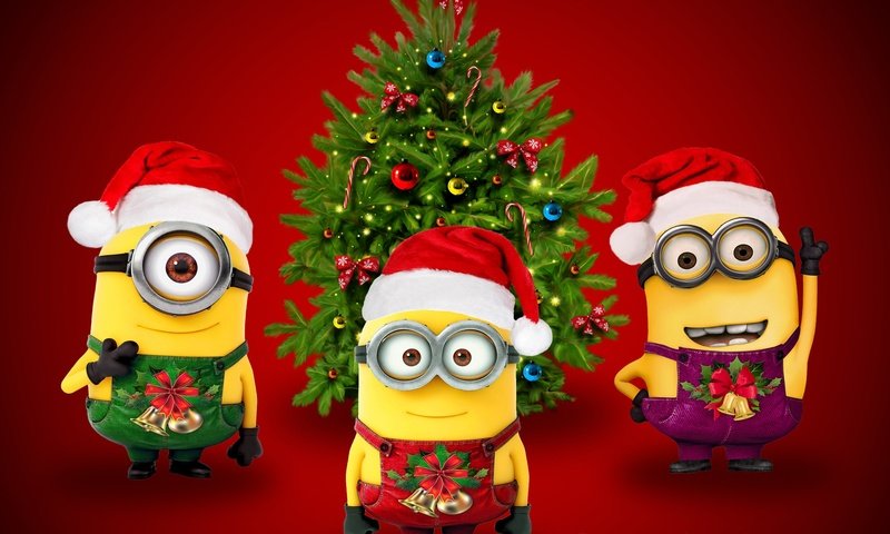 Обои елка, миньоны, очки, санта, мультфильм, шапка, рождество, красный фон, колпак, комбинезон, tree, minions, glasses, santa, cartoon, hat, christmas, red background, cap, jumpsuit разрешение 2560x1440 Загрузить