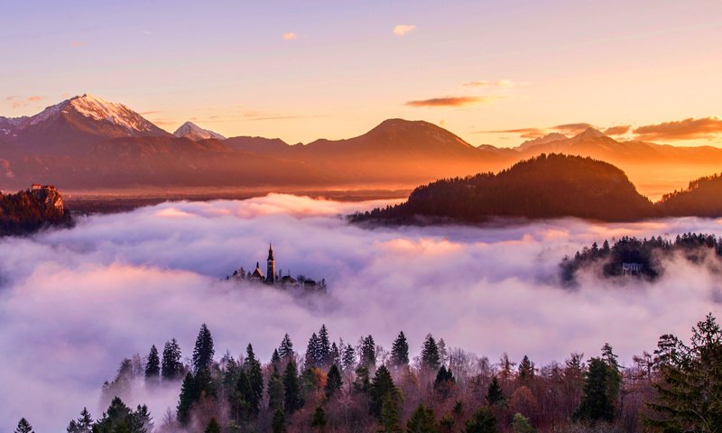 Обои небо, деревья, горы, лес, закат, туман, the sky, trees, mountains, forest, sunset, fog разрешение 2880x1920 Загрузить