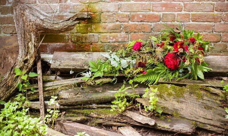 Обои цветы, фон, розы, доски, букет, кирпичная стена, flowers, background, roses, board, bouquet, brick wall разрешение 2048x1367 Загрузить