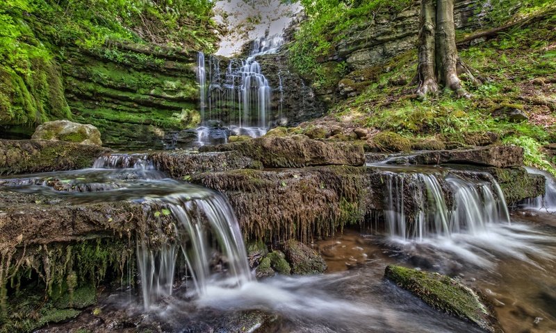 Обои скалы, камни, ручей, водопад, каскад, rocks, stones, stream, waterfall, cascade разрешение 2048x1171 Загрузить