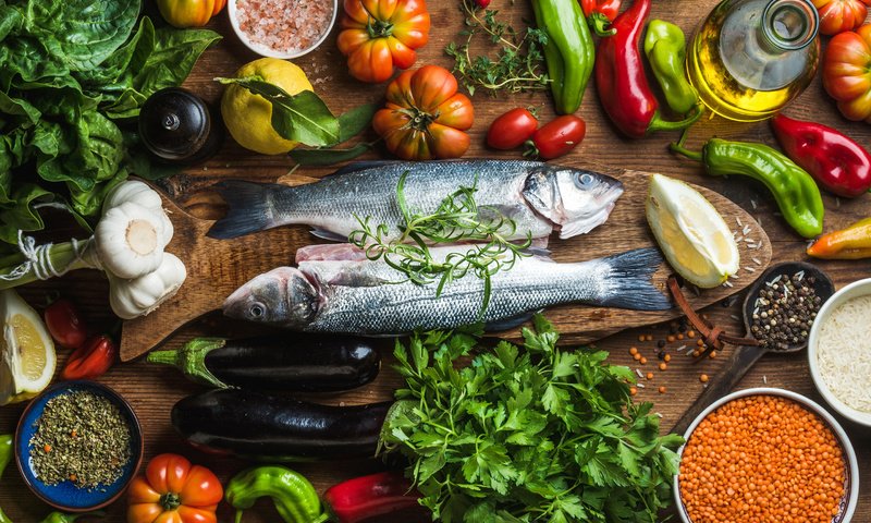 Обои зелень, овощи, рыба, специи, greens, vegetables, fish, spices разрешение 2880x1800 Загрузить