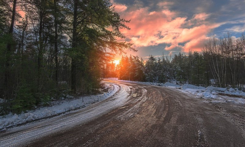 Обои дорога, природа, лес, закат, зима, пейзаж, road, nature, forest, sunset, winter, landscape разрешение 1920x1200 Загрузить