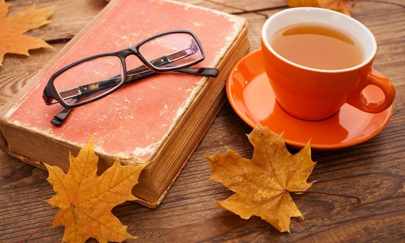 Обои листья, настроение, осень, очки, чашка, чай, книга, leaves, mood, autumn, glasses, cup, tea, book разрешение 3840x2160 Загрузить