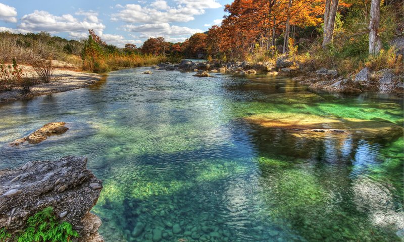 Обои деревья, камни, осень, сша, реки, техас, trees, stones, autumn, usa, river, texas разрешение 2560x1600 Загрузить