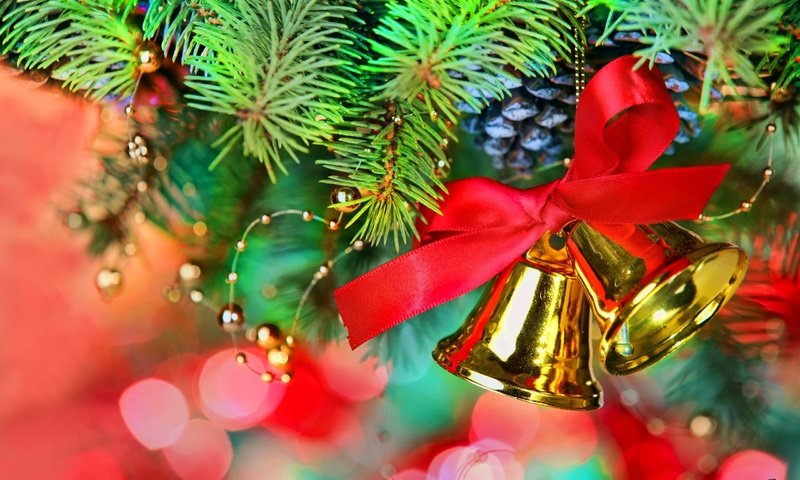 Обои новый год, елка, хвоя, колокольчики, рождество, шишки, декор, new year, tree, needles, bells, christmas, bumps, decor разрешение 2560x1600 Загрузить