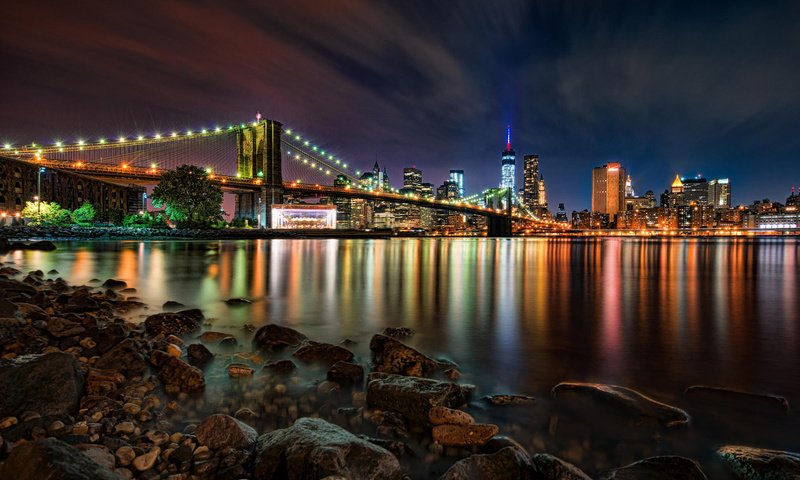Обои ночь, огни, мост, город, сша, нью-йорк, бруклинский мост, night, lights, bridge, the city, usa, new york, brooklyn bridge разрешение 1920x1200 Загрузить