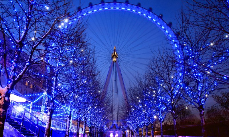 Обои зима, лондон, колесо обозрения, англия, гирлянды, london eye, winter, london, ferris wheel, england, garland разрешение 1920x1200 Загрузить