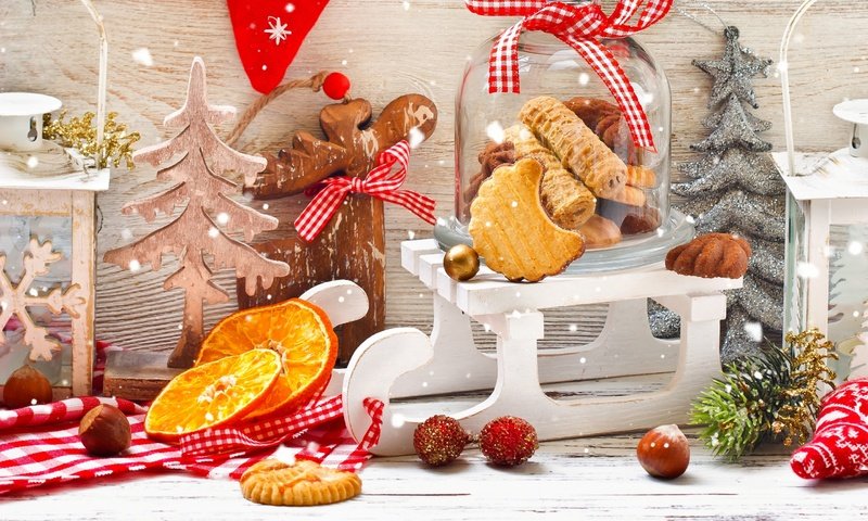 Обои новый год, рождество, елочные украшения, печенье, new year, christmas, christmas decorations, cookies разрешение 2880x1800 Загрузить