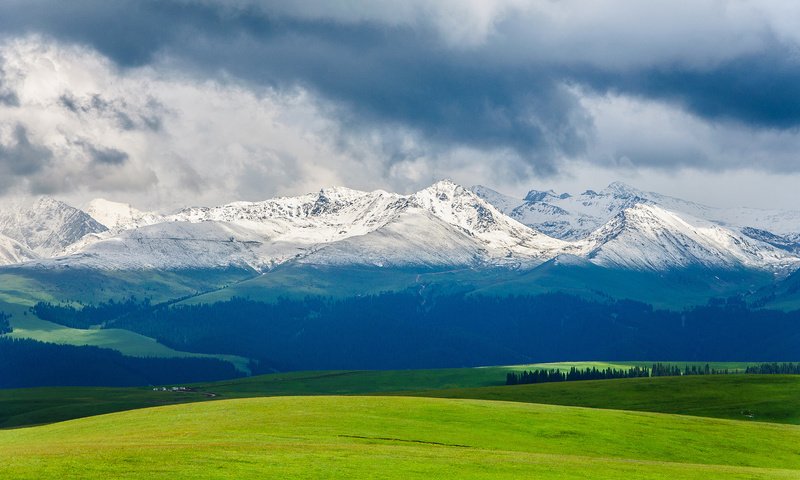 Обои небо, облака, горы, природа, пейзаж, поле, снежные вершины, the sky, clouds, mountains, nature, landscape, field, snowy peaks разрешение 1920x1200 Загрузить