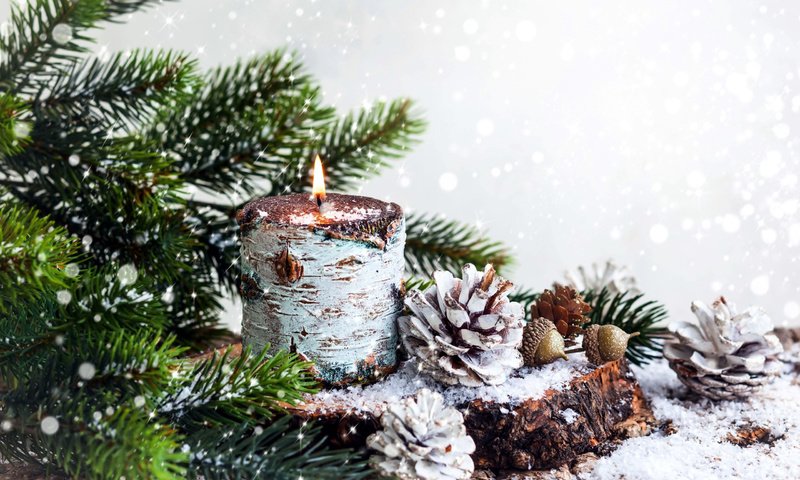 Обои снег, новый год, хвоя, ветки, свеча, рождество, шишки, snow, new year, needles, branches, candle, christmas, bumps разрешение 2560x1600 Загрузить