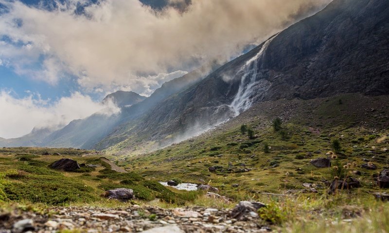 Обои небо, облака, горы, природа, пейзаж, водопад, the sky, clouds, mountains, nature, landscape, waterfall разрешение 6000x4000 Загрузить