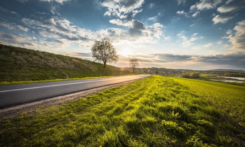 Обои небо, дорога, облака, природа, дерево, пейзаж, the sky, road, clouds, nature, tree, landscape разрешение 1920x1200 Загрузить