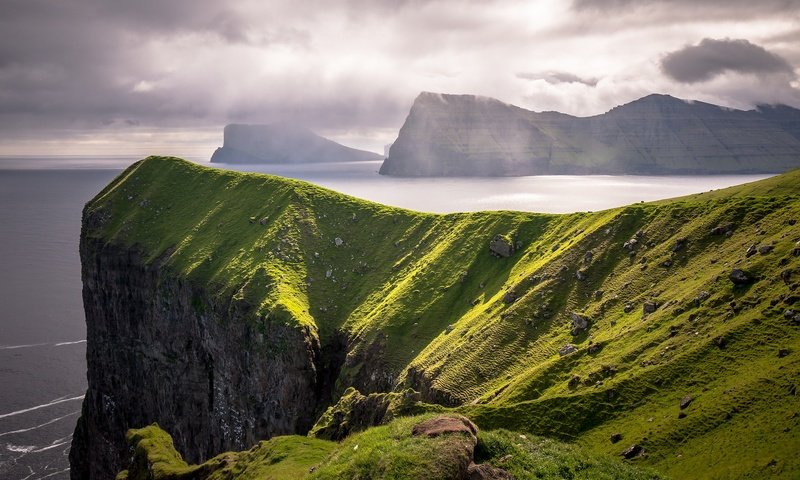 Обои небо, облака, скалы, море, побережье, фарерские острова, the sky, clouds, rocks, sea, coast, faroe islands разрешение 2048x1366 Загрузить