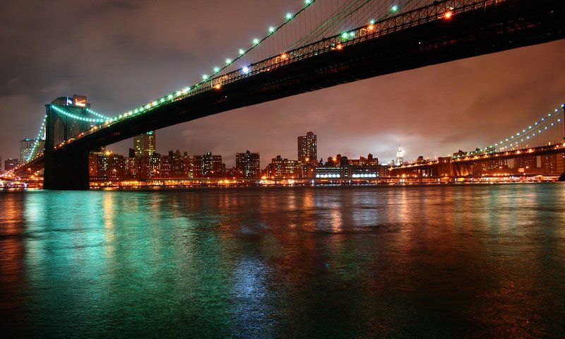 Обои ночь, огни, город, нью-йорк, бруклинский мост, night, lights, the city, new york, brooklyn bridge разрешение 3872x2592 Загрузить