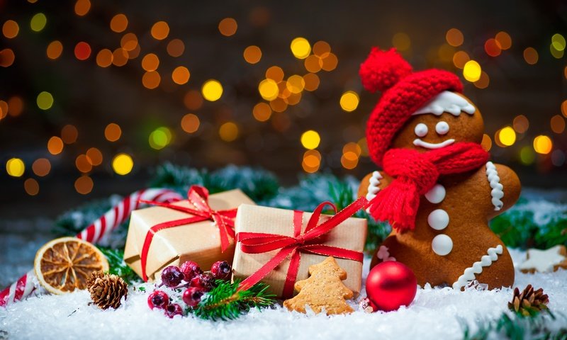 Обои снег, новый год, подарки, шишки, печенье, snow, new year, gifts, bumps, cookies разрешение 4000x2667 Загрузить
