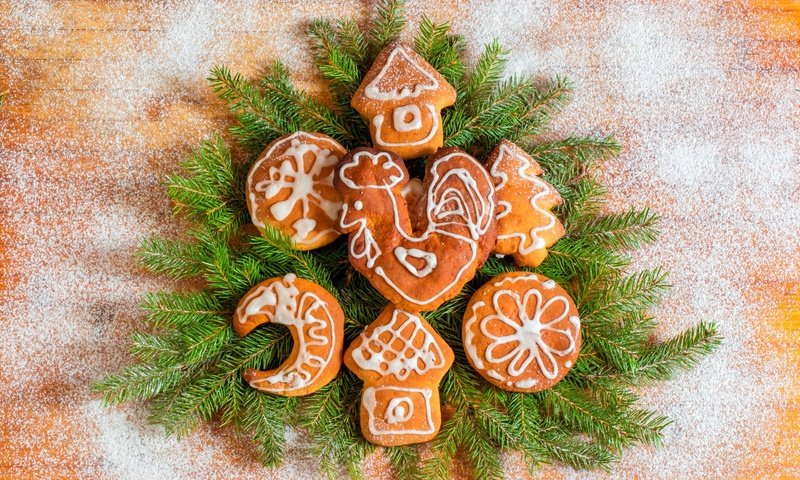 Обои новый год, хвоя, дизайн, ветки, рождество, печенье, выпечка, сахарная пудра, new year, needles, design, branches, christmas, cookies, cakes, powdered sugar разрешение 1920x1308 Загрузить