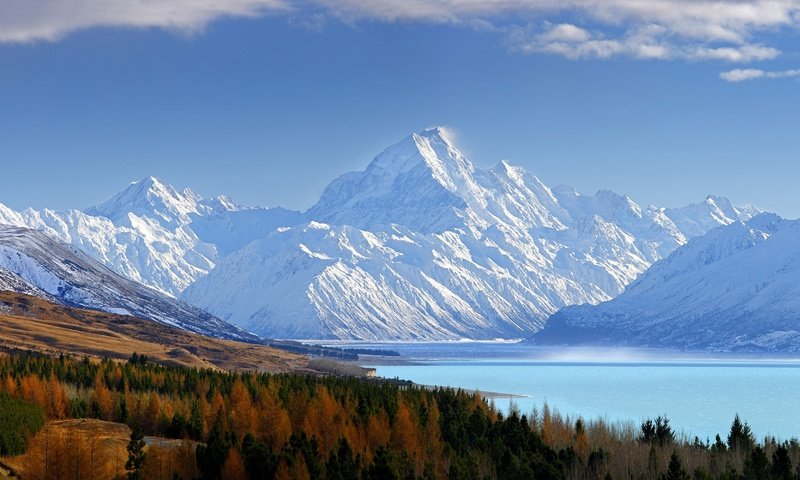 Обои небо, лейка, облака, деревья, горы, снег, лес, осень, вершины, the sky, lake, clouds, trees, mountains, snow, forest, autumn, tops разрешение 3445x2000 Загрузить