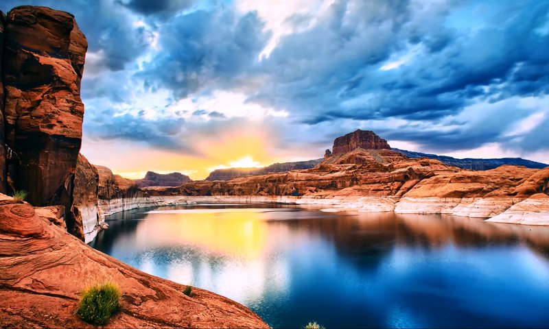Обои вода, озеро, восход, камни, каньон, water, lake, sunrise, stones, canyon разрешение 1920x1080 Загрузить