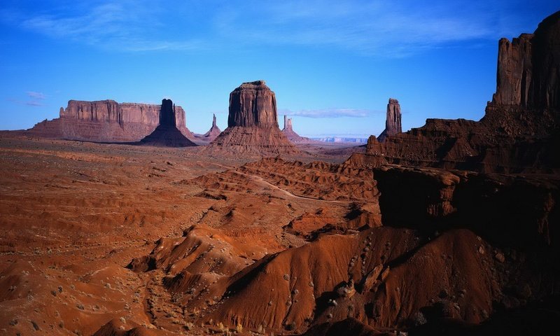 Обои небо, пейзаж, пустыня, каньон, аризона, долина монументов, the sky, landscape, desert, canyon, az, monument valley разрешение 1920x1080 Загрузить