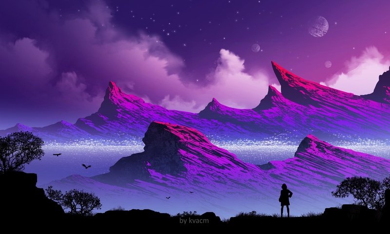 Обои горы, девушка, силуэт, mountains, girl, silhouette разрешение 1920x1080 Загрузить