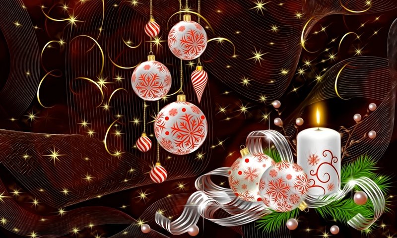 Обои рождество, свет, елочные украшения, новый год, завитушки, рендеринг, темный фон, жемчужные бусины, картинка, золотистые искры, лента, свеча, праздник, christmas, light, christmas decorations, new year, curls, rendering, the dark background, pearl beads, picture, golden sparks, tape, candle, holiday разрешение 1950x1220 Загрузить